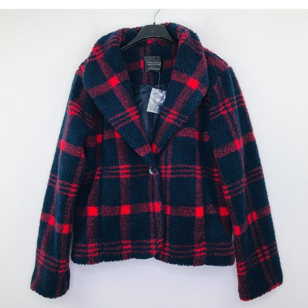 Nwot! Sanctuary Blue Red Plaid Faux Sherpa Fleece Jacket ✨
